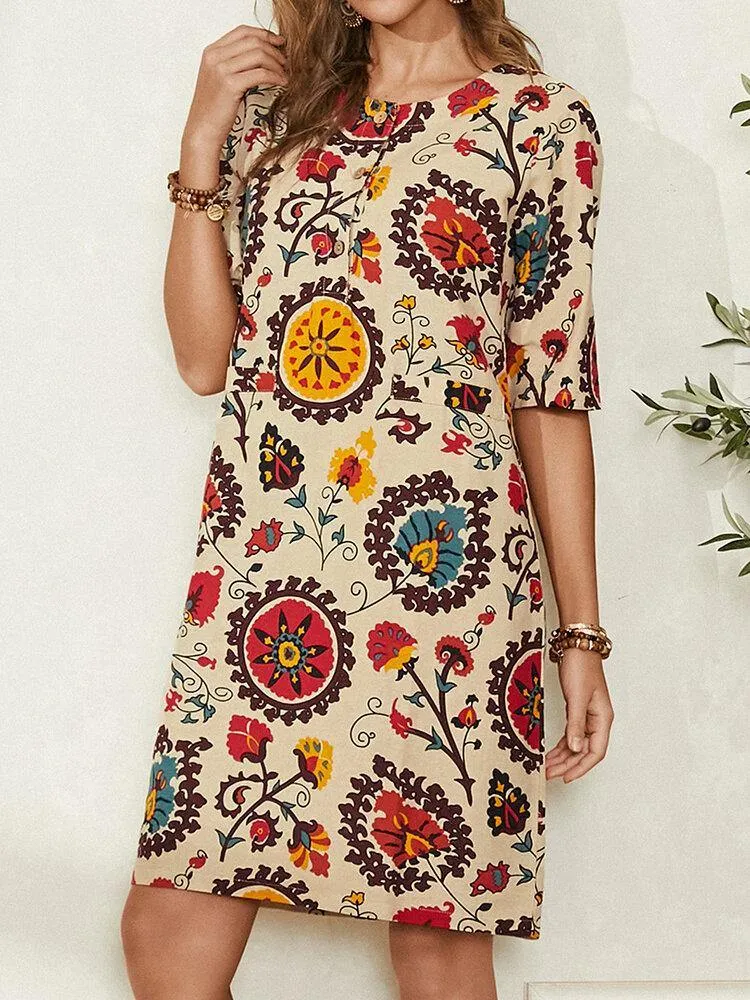 deanwangkt Ethnic Style Print Round Neck Bohemia Casual Midi Dress For Women