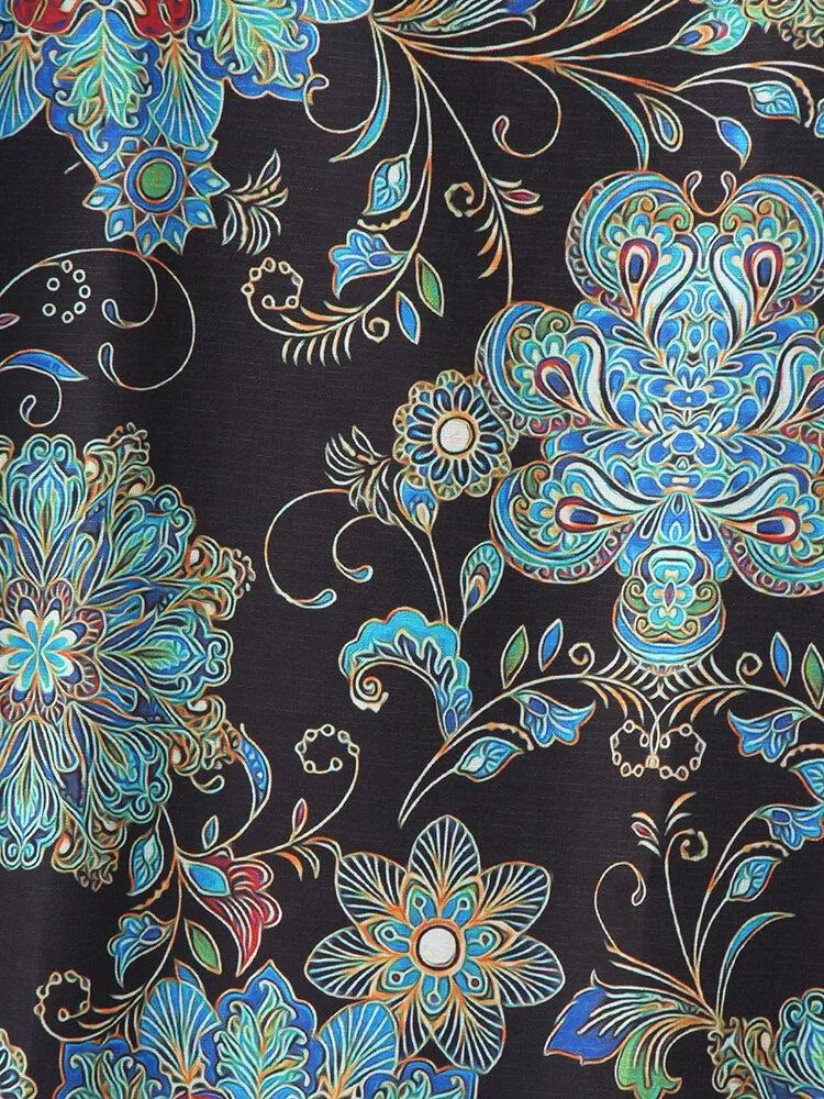 deanwangkt Women Vintage Floral Print Half Sleeve Ethnic Style Midi Dress