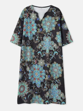 deanwangkt Women Vintage Floral Print Half Sleeve Ethnic Style Midi Dress