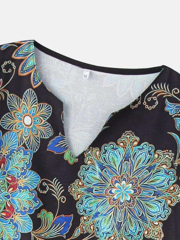 deanwangkt Women Vintage Floral Print Half Sleeve Ethnic Style Midi Dress