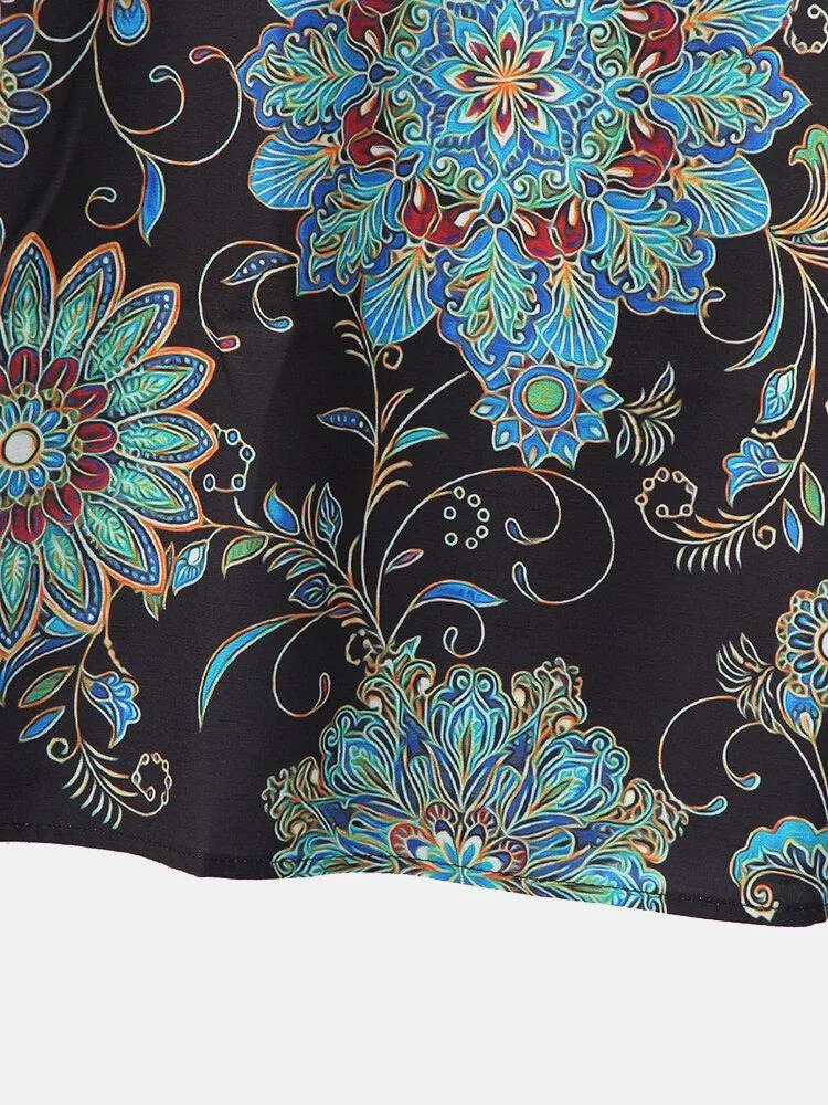 deanwangkt Women Vintage Floral Print Half Sleeve Ethnic Style Midi Dress