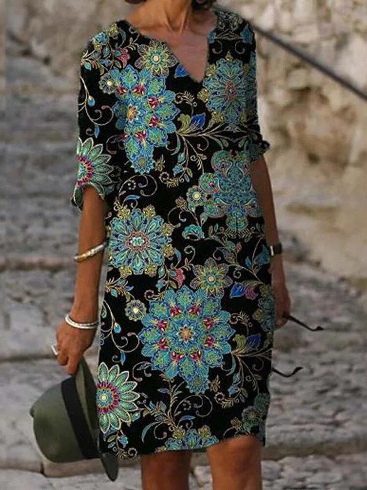 deanwangkt Women Vintage Floral Print Half Sleeve Ethnic Style Midi Dress