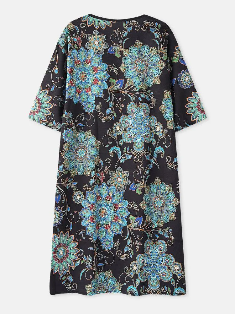 deanwangkt Women Vintage Floral Print Half Sleeve Ethnic Style Midi Dress