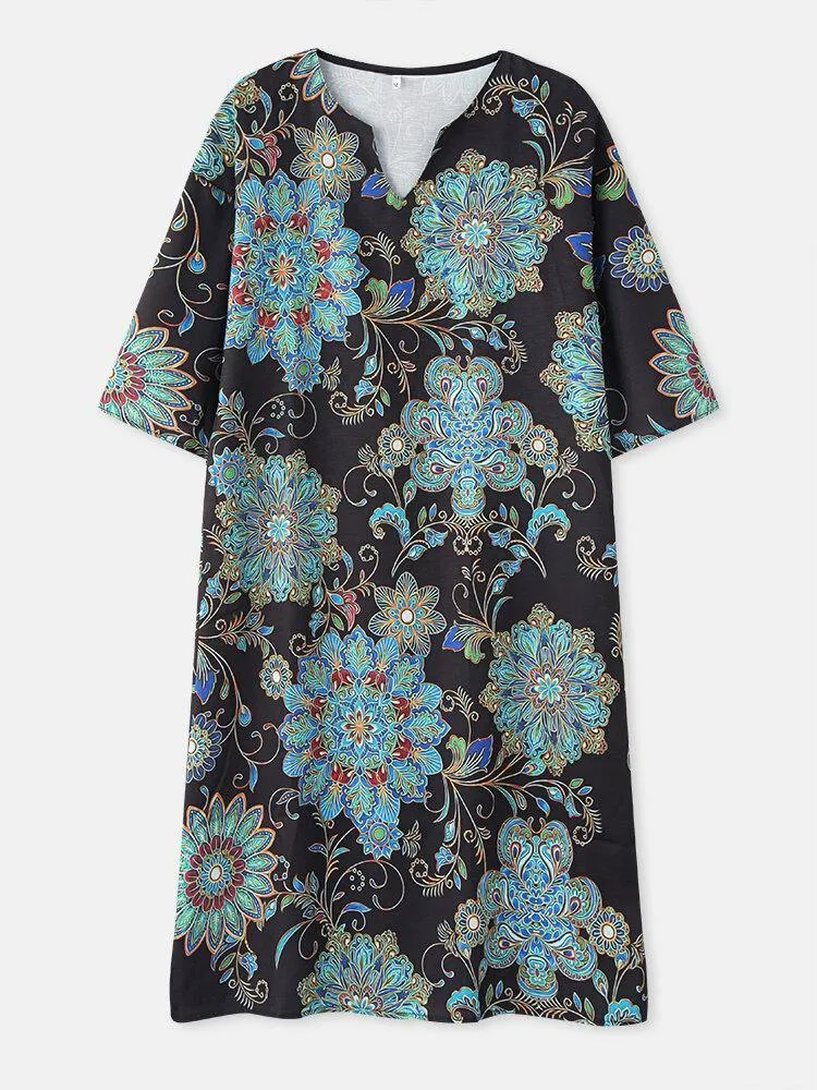 deanwangkt Women Vintage Floral Print Half Sleeve Ethnic Style Midi Dress