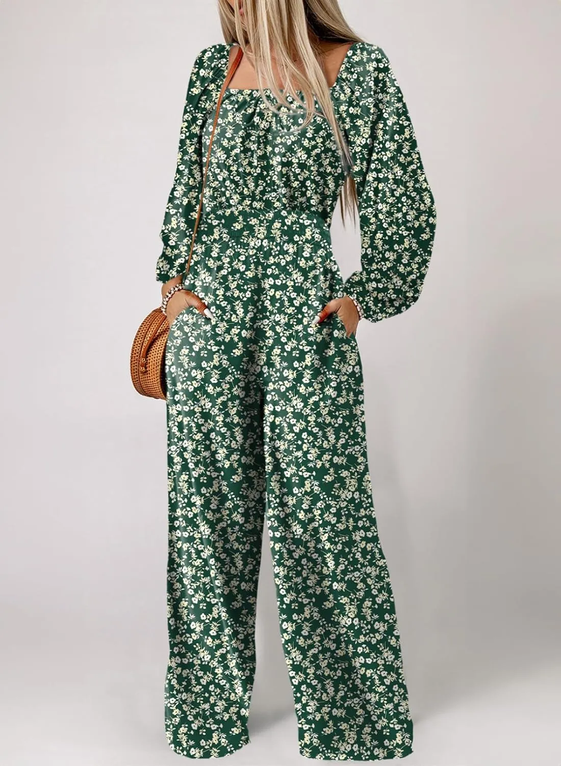 Dokotoo Women's Casual Loose Jumpsuits Overalls One Piece Long Sleeve Printed Wide Leg Long Pant Rompers With Pockets