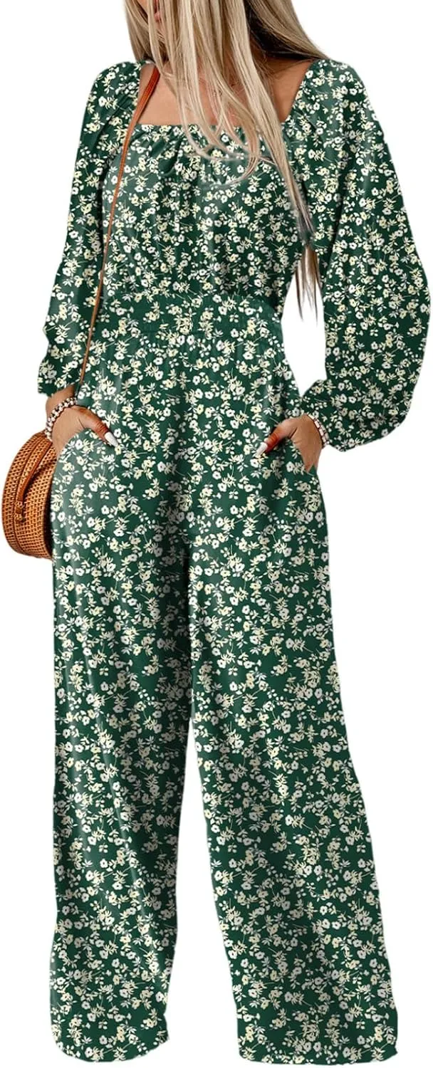Dokotoo Women's Casual Loose Jumpsuits Overalls One Piece Long Sleeve Printed Wide Leg Long Pant Rompers With Pockets