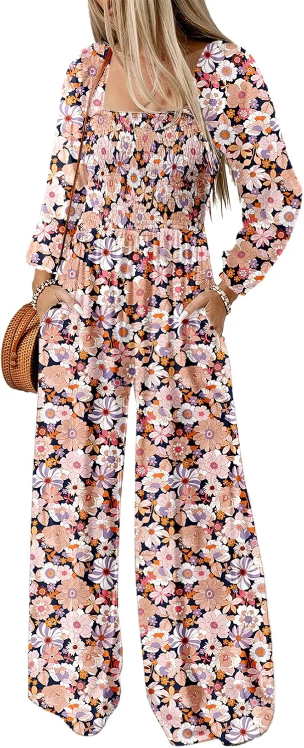 Dokotoo Women's Casual Loose Overalls Jumpsuits One Piece Long Sleeve Printed Wide Leg Long Pant Rompers With Pockets