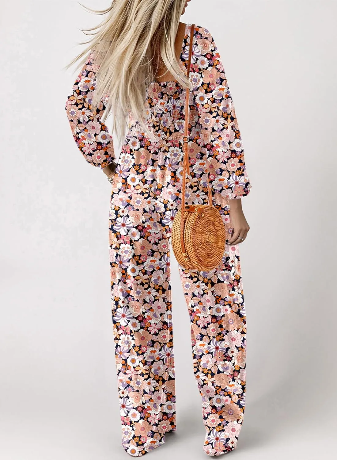 Dokotoo Women's Casual Loose Overalls Jumpsuits One Piece Long Sleeve Printed Wide Leg Long Pant Rompers With Pockets