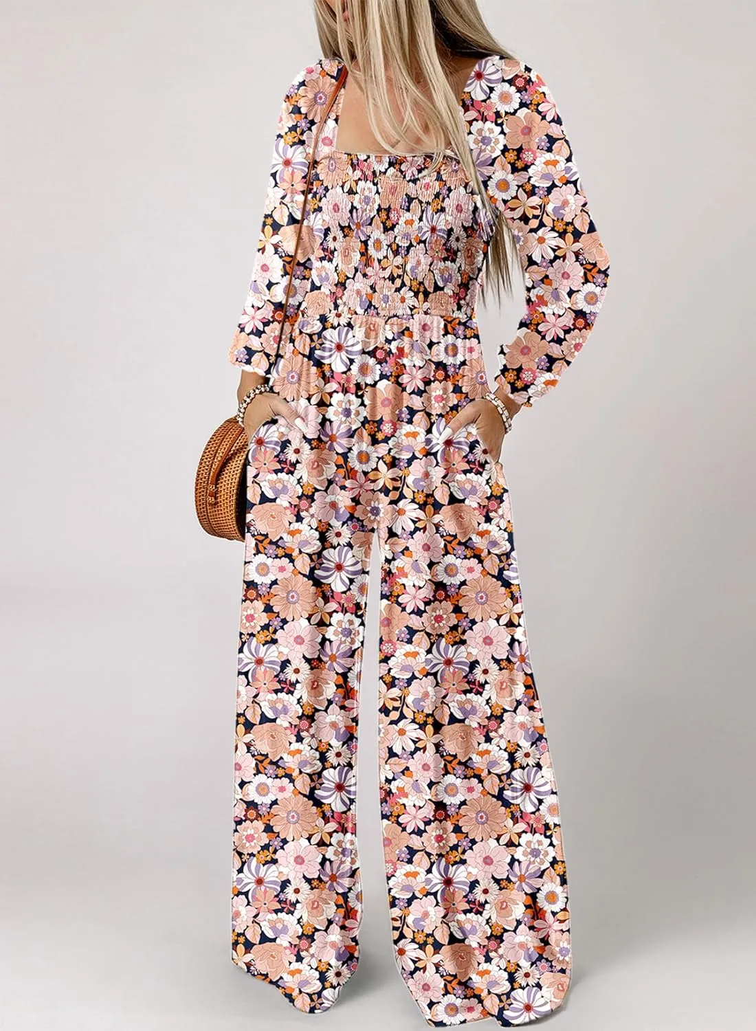 Dokotoo Women's Casual Loose Overalls Jumpsuits One Piece Long Sleeve Printed Wide Leg Long Pant Rompers With Pockets