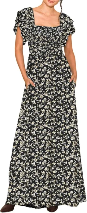 Dokotoo Women's Casual Loose Overalls Jumpsuits One Piece Ruffle Short Sleevel Printed Wide Leg Long Pant With Pockets