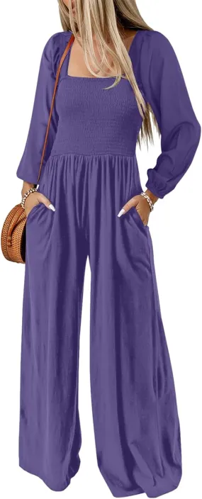 Dokotoo Womens Casual Loose Overalls One Piece Long Sleeve Jumpsuits for Women Stretchy Wide Leg Long Pant Rompers Jumpsuit with Pockets Small Purple Rose