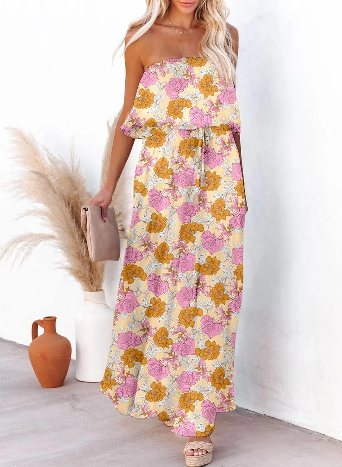 Dokotoo Womens Strapless Dresses Casual Summer High Waist Side Split Flowy Boho Maxi Dress