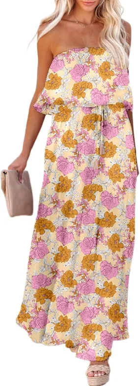 Dokotoo Womens Strapless Dresses Casual Summer High Waist Side Split Flowy Boho Maxi Dress