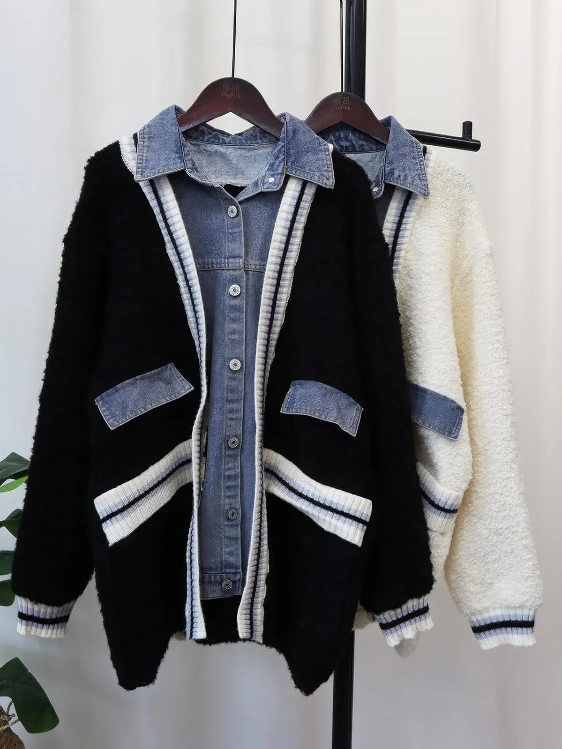 ebossy Womens Chic Spliced Denim Cardigan Color Block Striped Oversized Loose Knitted Sweater Coat