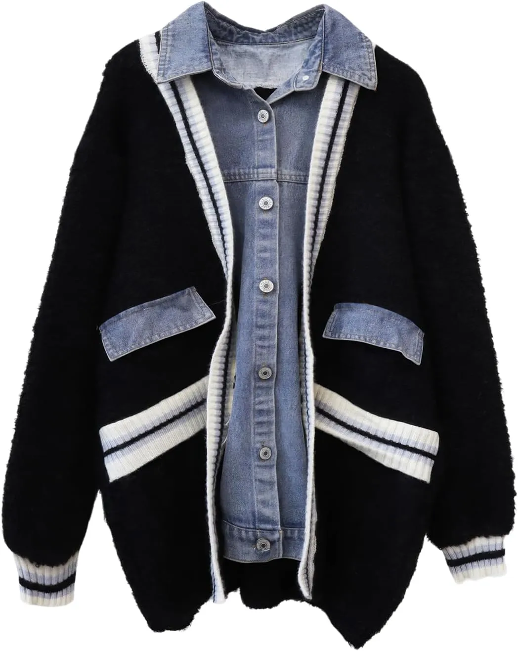 ebossy Womens Chic Spliced Denim Cardigan Color Block Striped Oversized Loose Knitted Sweater Coat