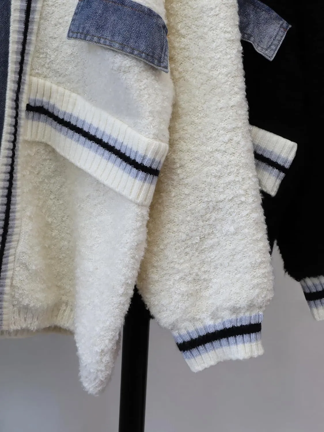 ebossy Womens Chic Spliced Denim Cardigan Color Block Striped Oversized Loose Knitted Sweater Coat