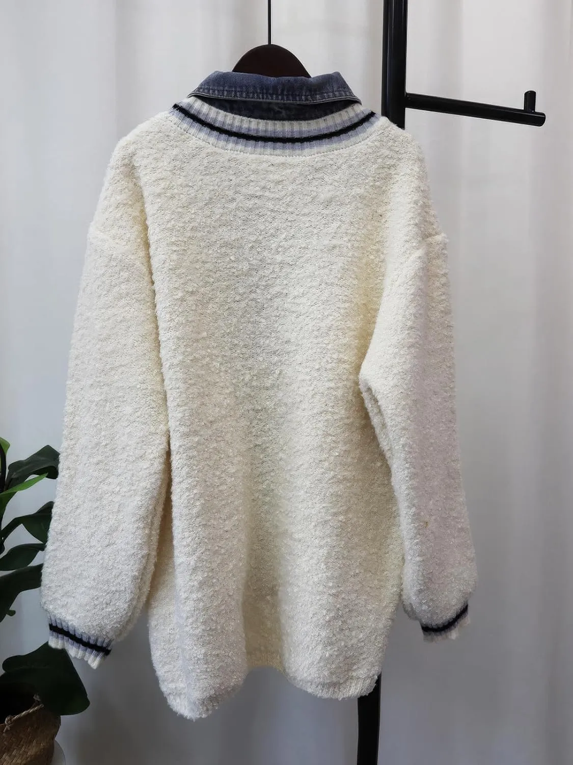 ebossy Womens Chic Spliced Denim Cardigan Color Block Striped Oversized Loose Knitted Sweater Coat