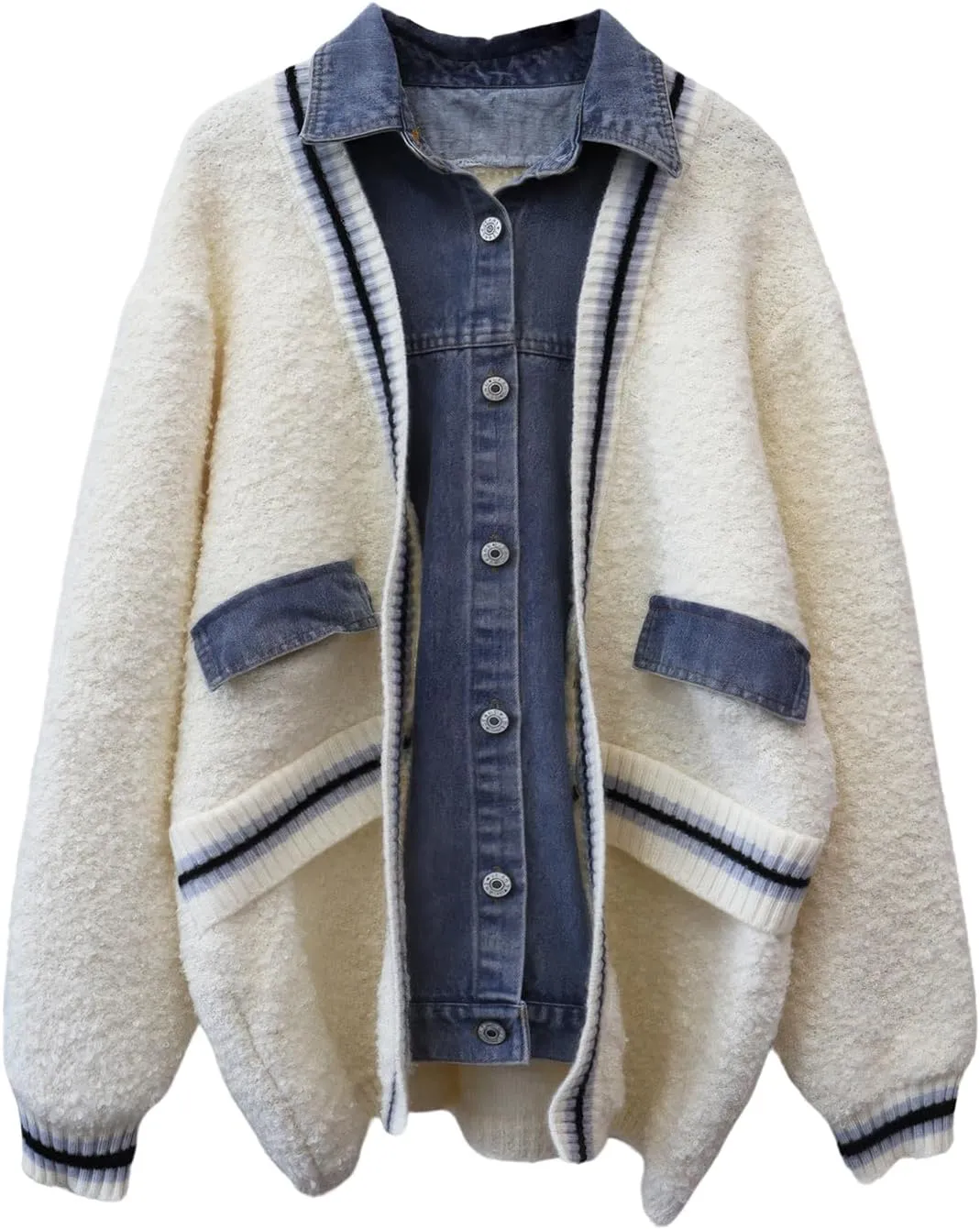 ebossy Womens Chic Spliced Denim Cardigan Color Block Striped Oversized Loose Knitted Sweater Coat
