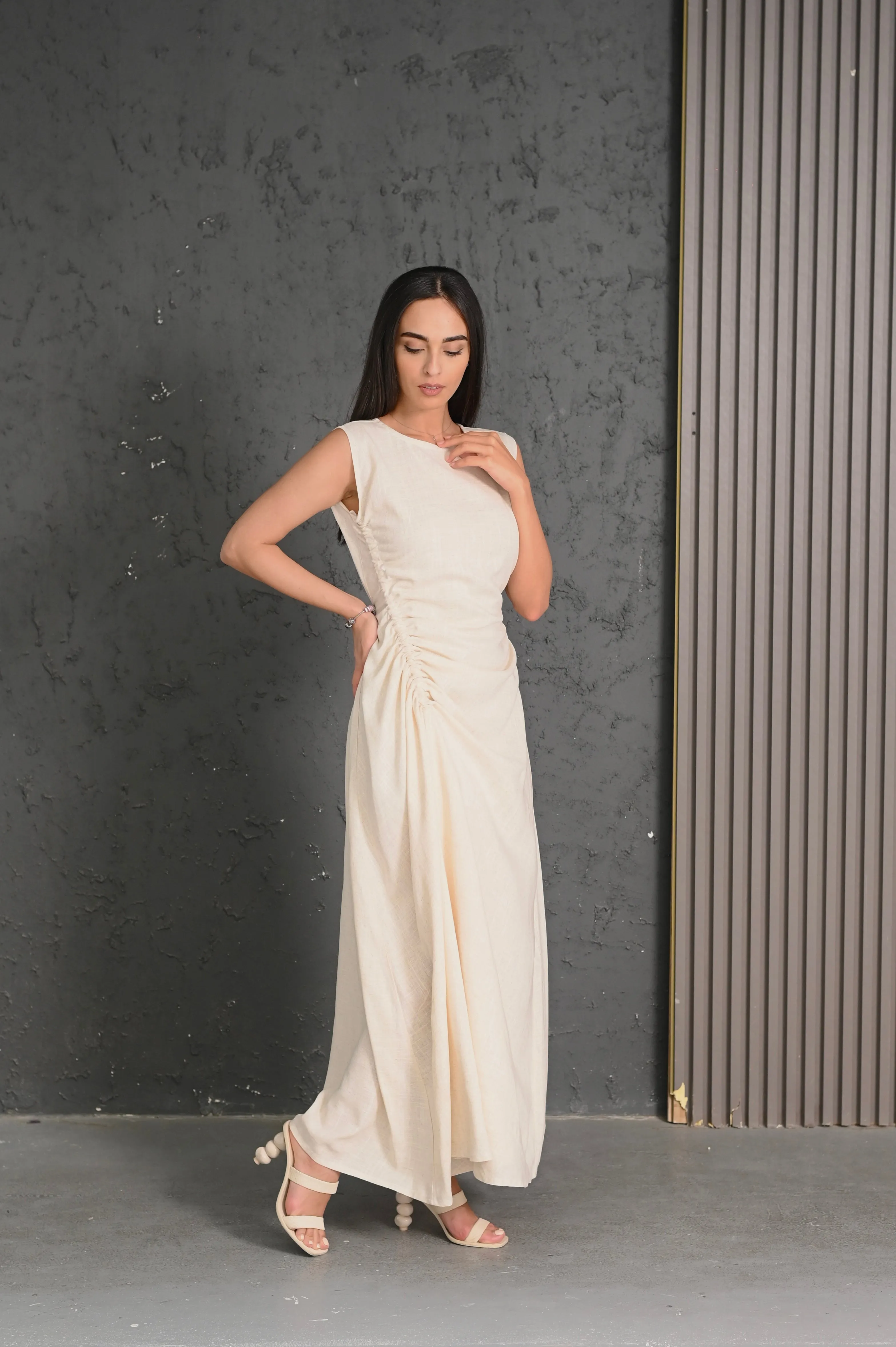 ELEGANT BEIGE LINEN DRESS #284