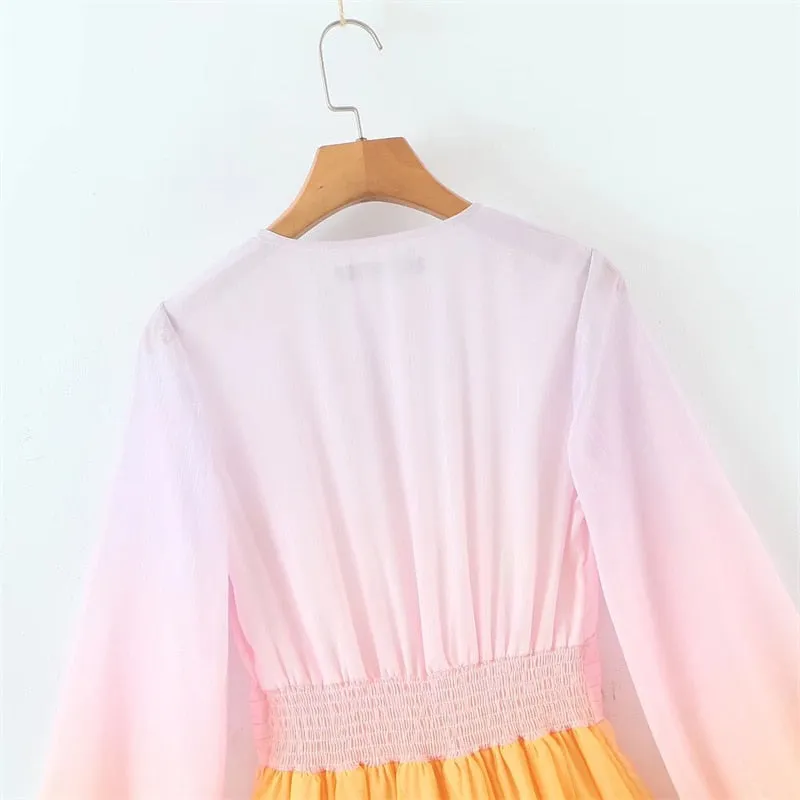 Elegant Gradient Long Sleeve Mini Dress