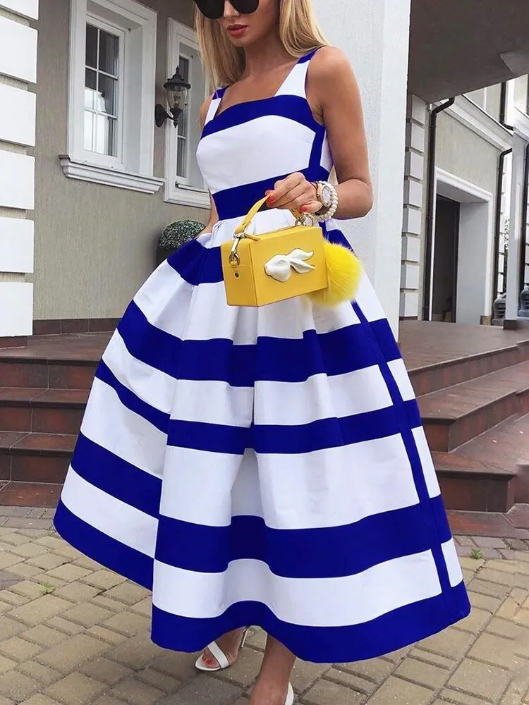 ELVIOS Elegant Bold Stripe Sleeveless Midi Dress