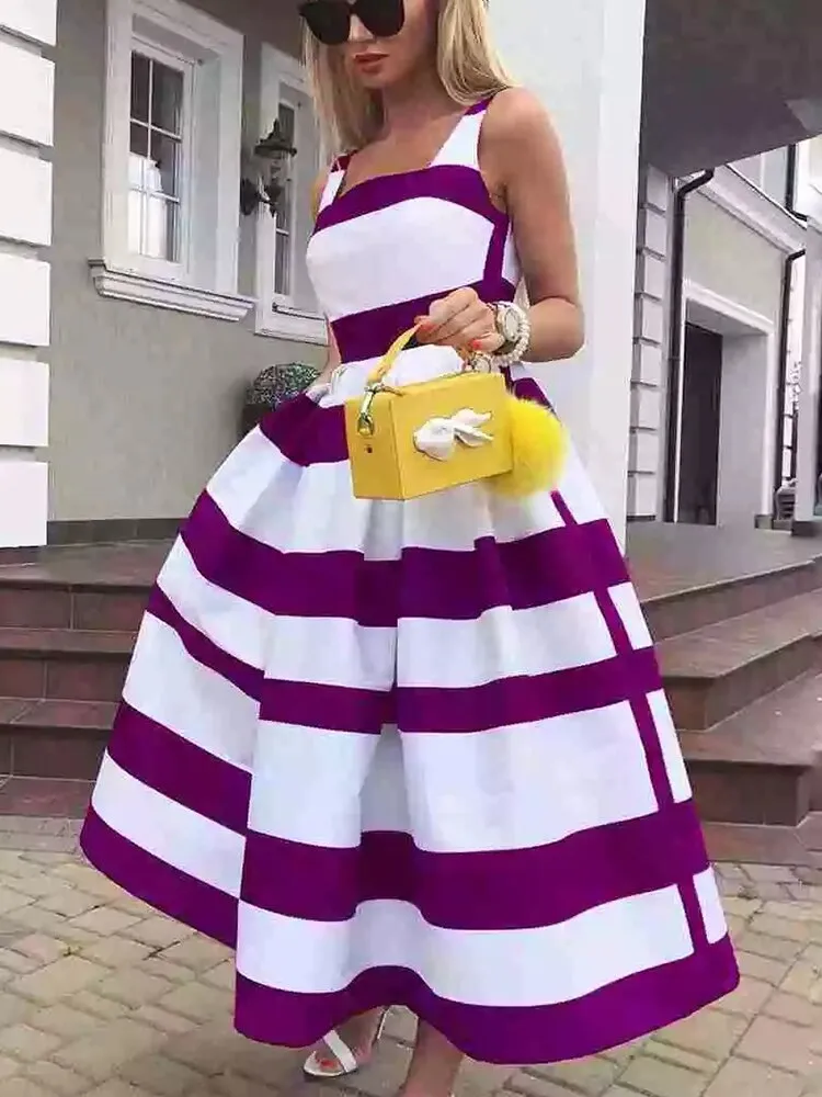 ELVIOS Elegant Bold Stripe Sleeveless Midi Dress