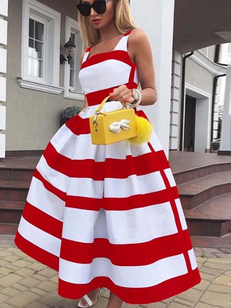 ELVIOS Elegant Bold Stripe Sleeveless Midi Dress