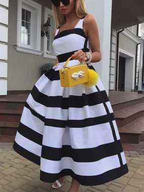 ELVIOS Elegant Bold Stripe Sleeveless Midi Dress