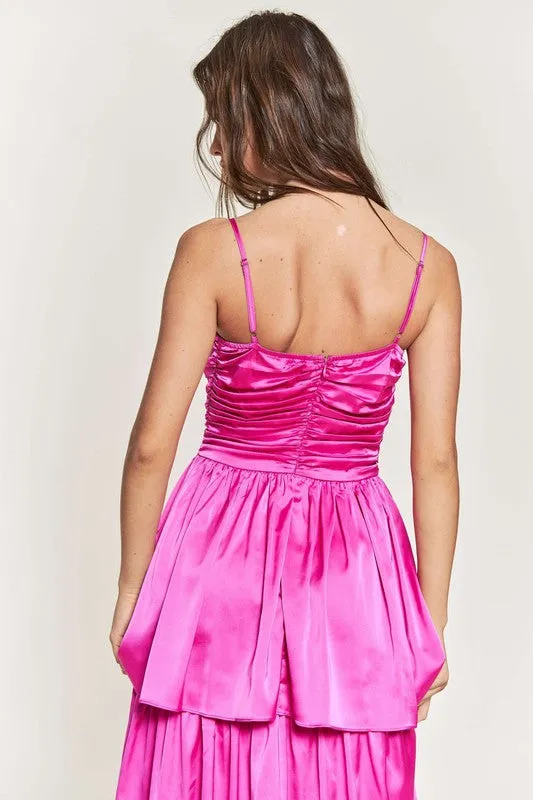 Fuchsia Satin Ruched Multi Layer Maxi Dress