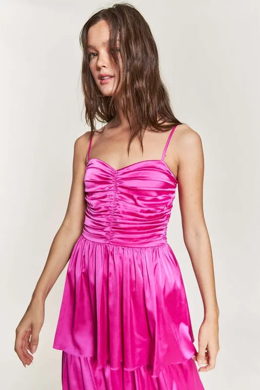 Fuchsia Satin Ruched Multi Layer Maxi Dress