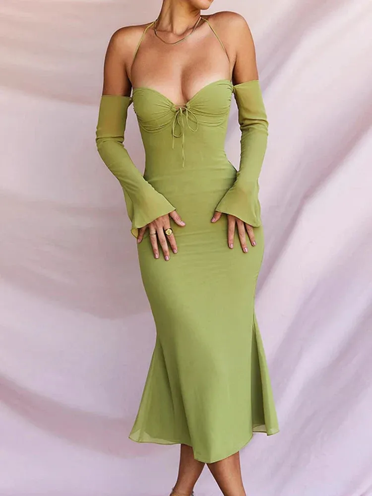 Green Mesh Sheer Midi Dress