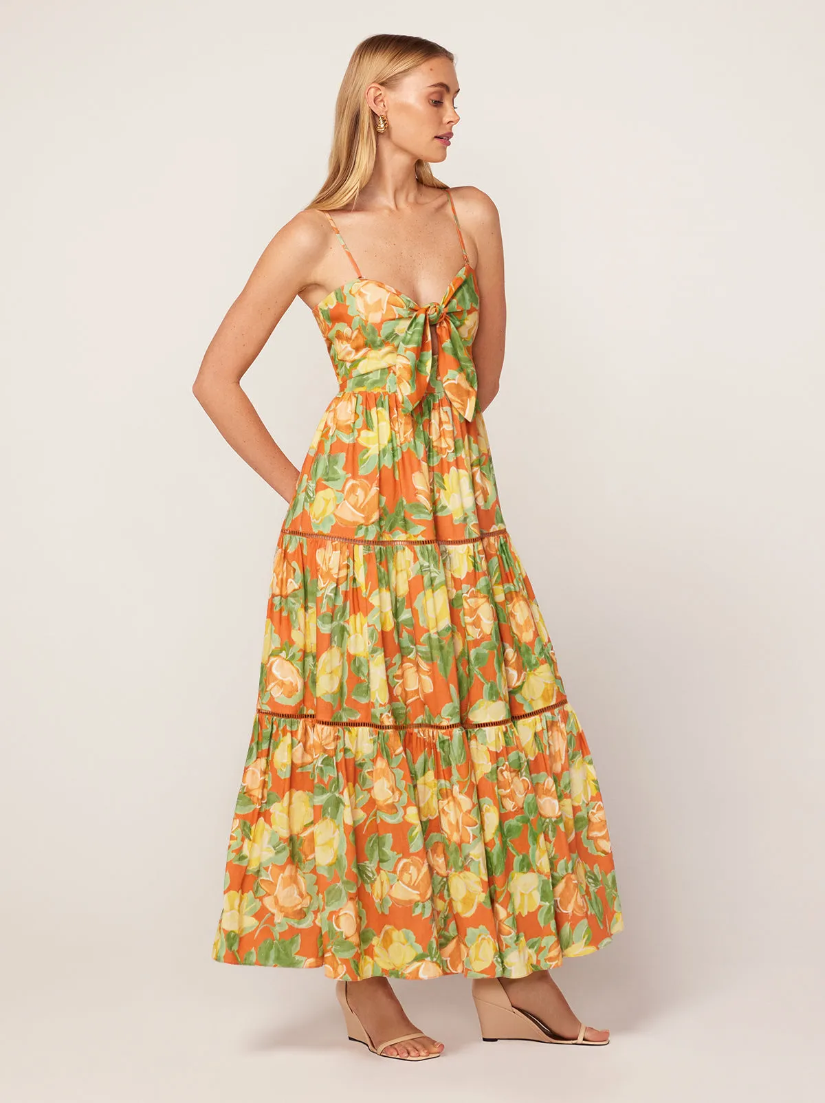Immy Apricot Painted Floral Print Midi Dress