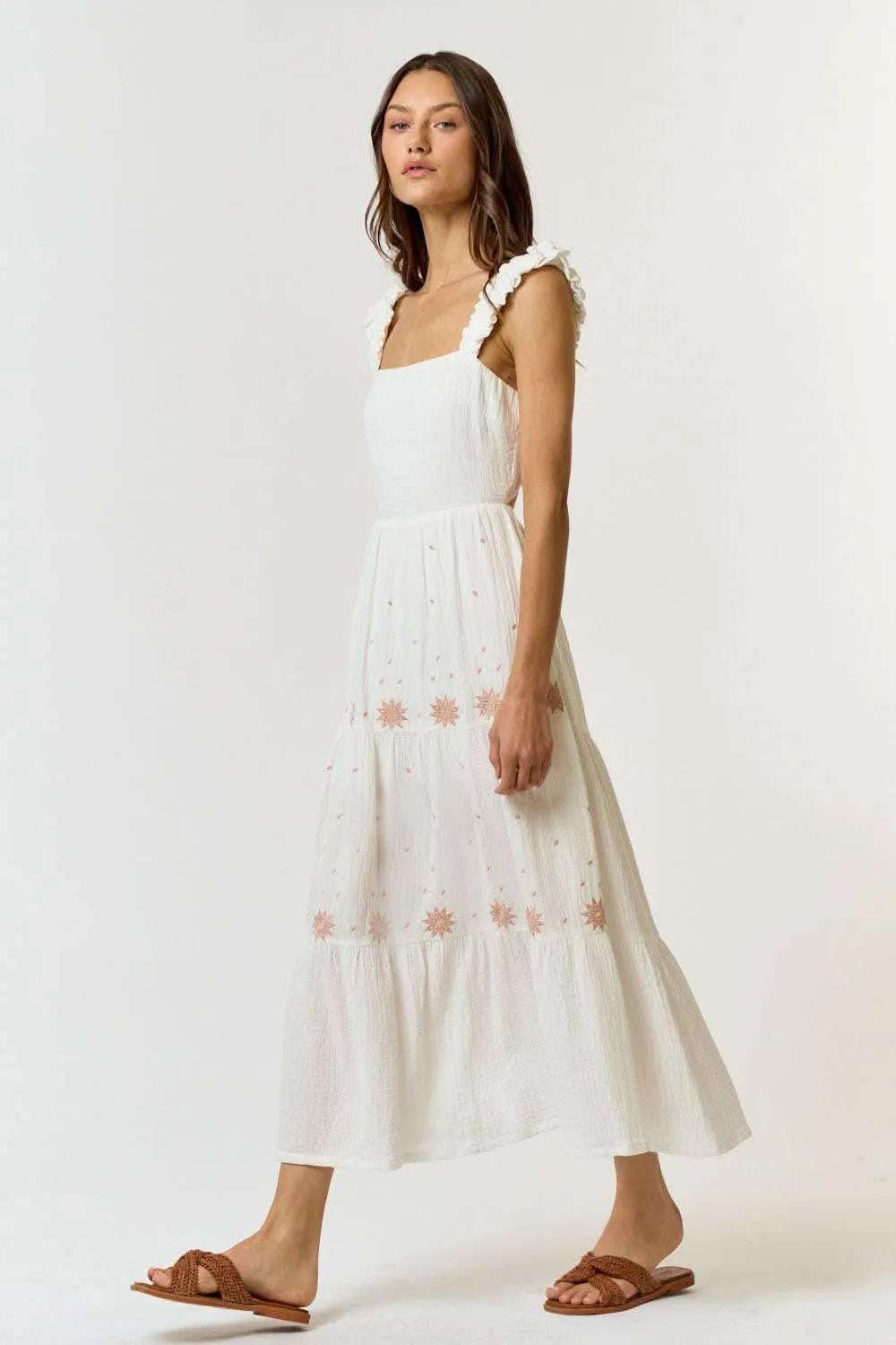 Ivory Cotton Gauze Embroidered Back Cutout Maxi Dress