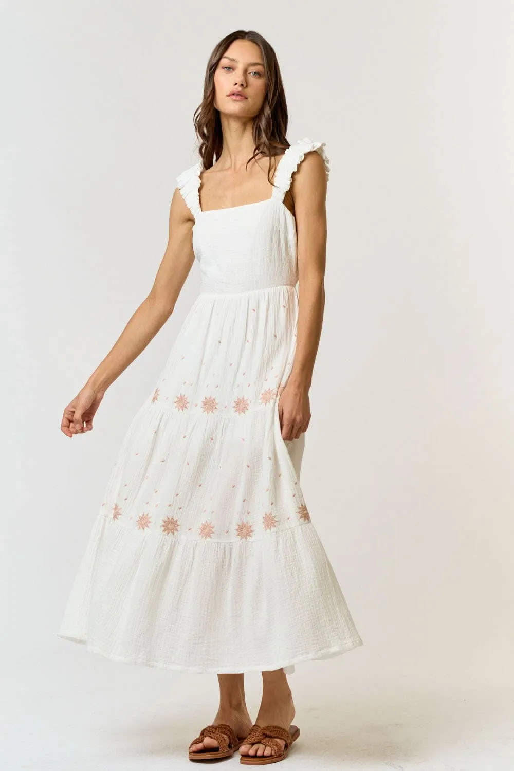 Ivory Cotton Gauze Embroidered Back Cutout Maxi Dress