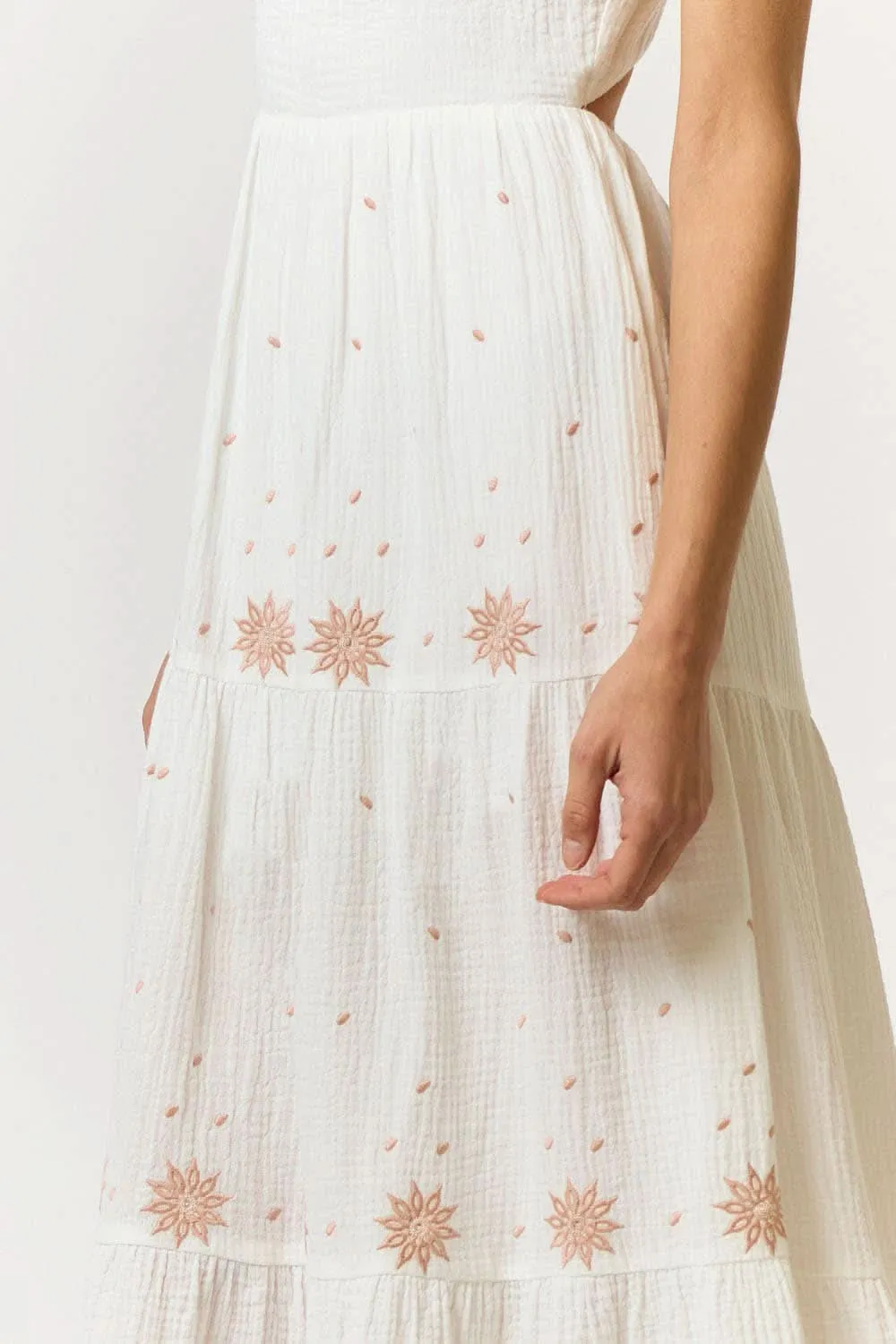 Ivory Cotton Gauze Embroidered Back Cutout Maxi Dress