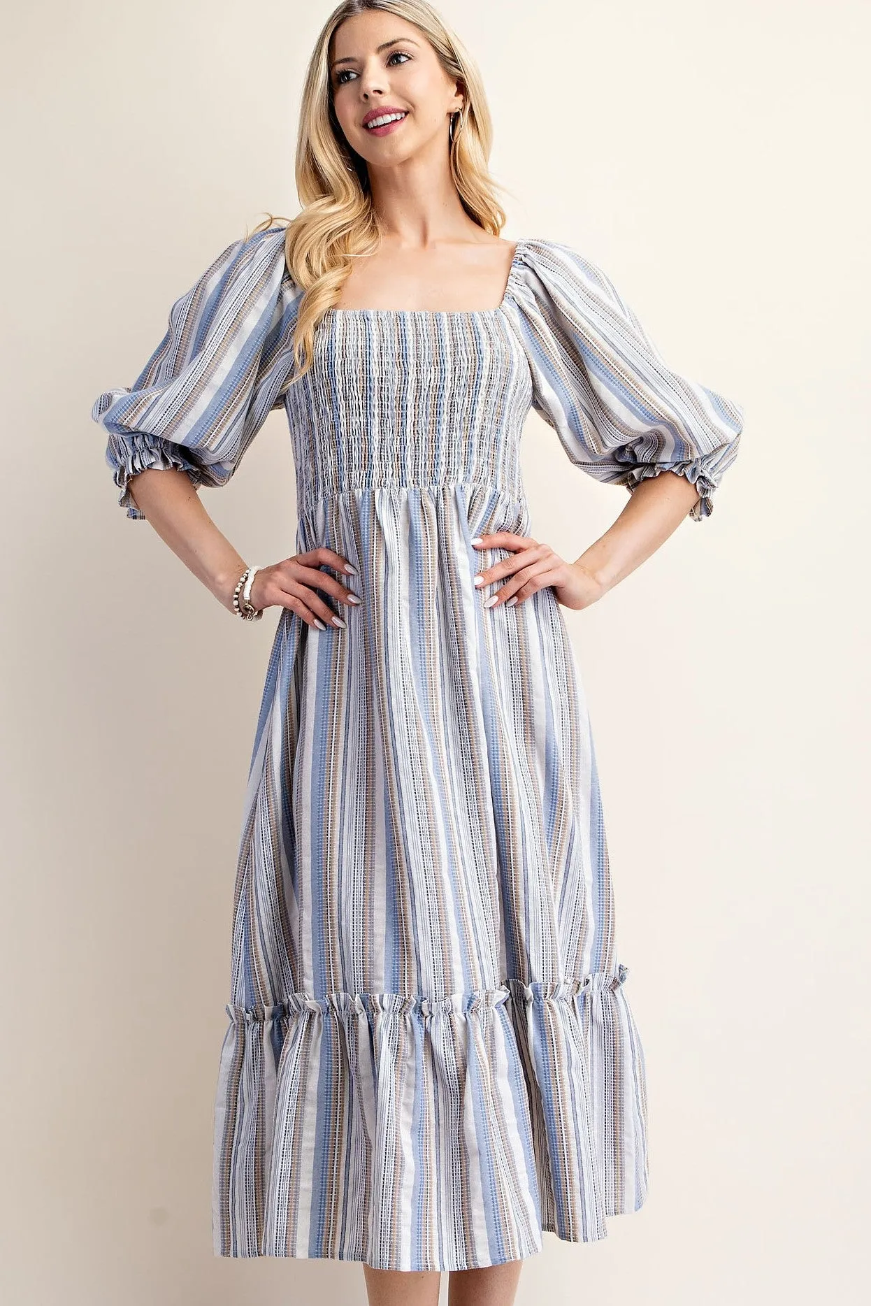 Ivory/Blue Striped Puff Sleeve Midi Dress