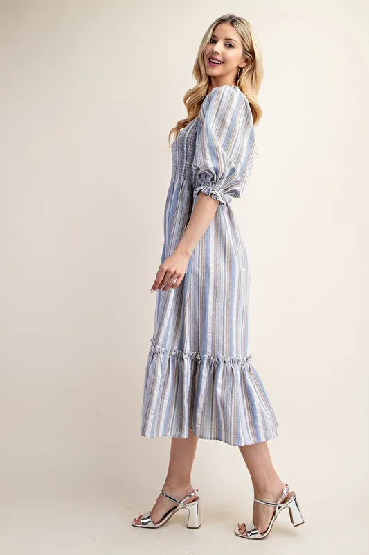Ivory/Blue Striped Puff Sleeve Midi Dress
