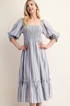 Ivory/Blue Striped Puff Sleeve Midi Dress