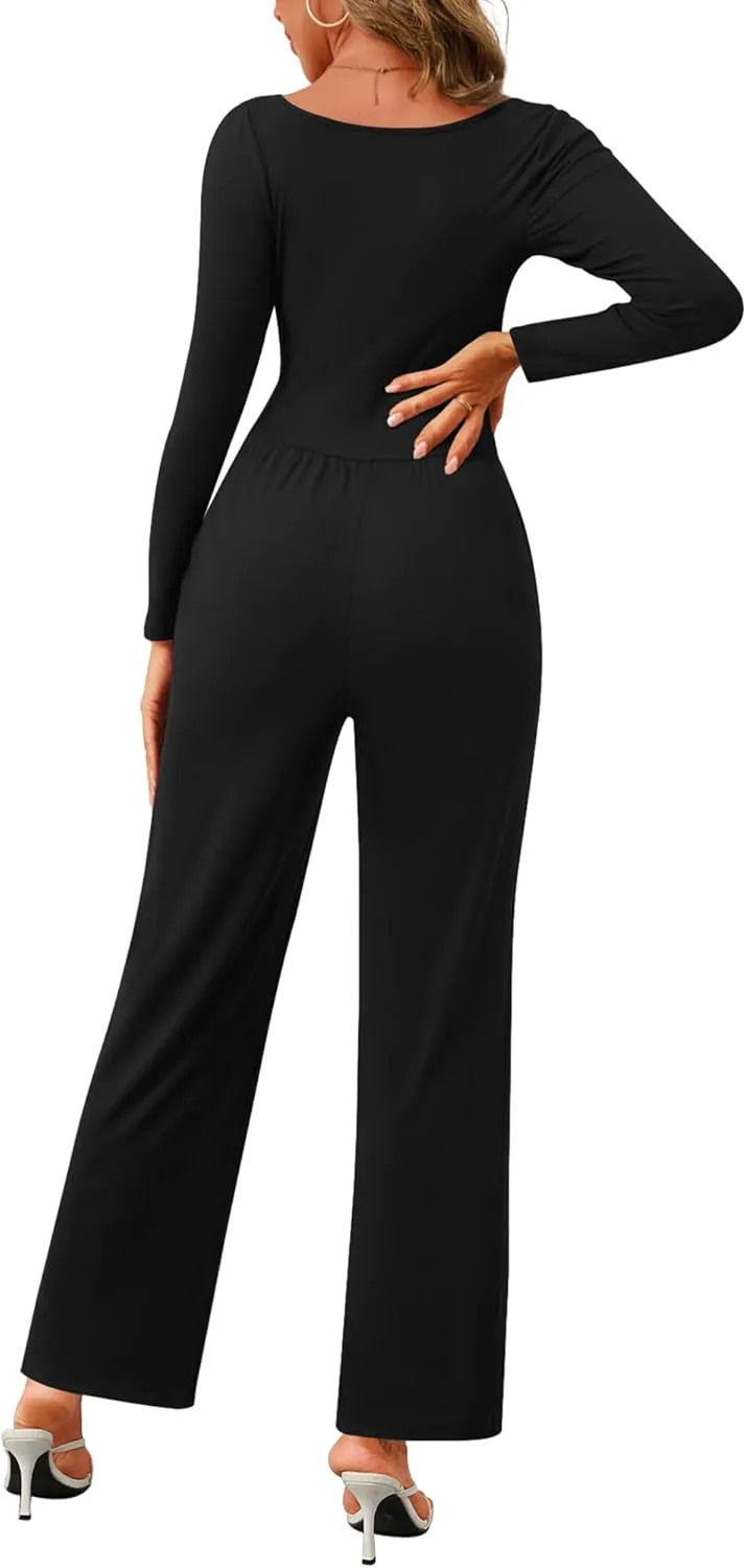 Jumpsuits for Women Dressy Long Sleeve Casual One Piece Outfits Crewneck Wide Leg Pants Rompers With Pockets