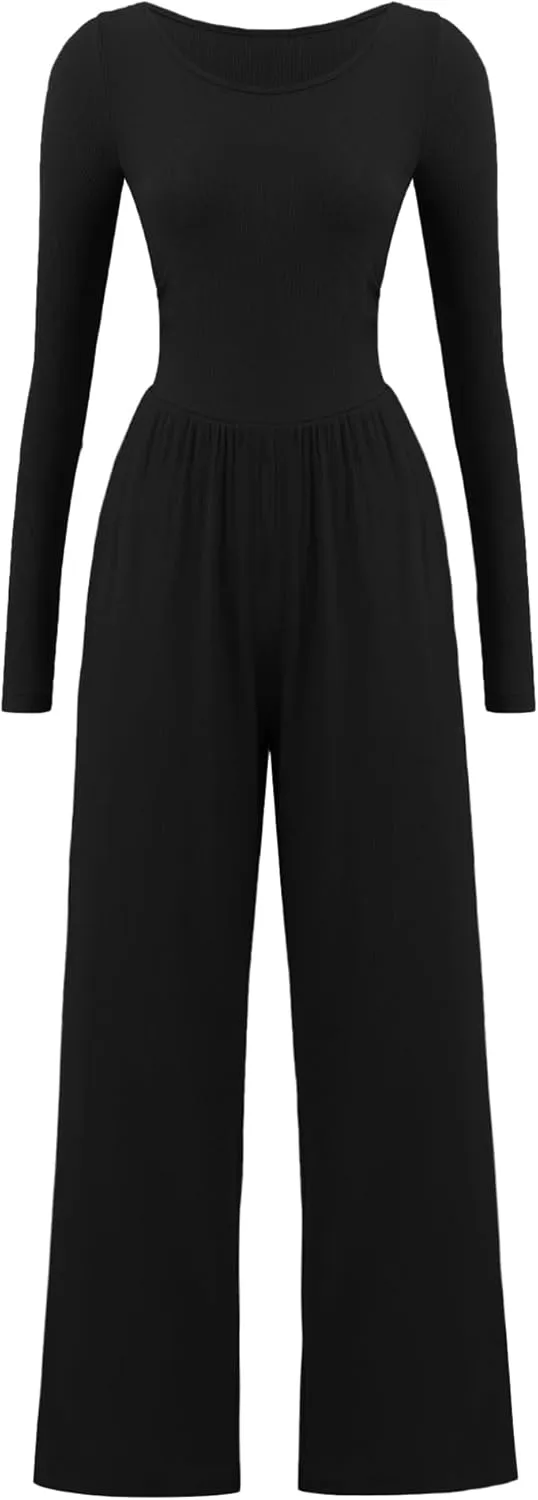 Jumpsuits for Women Dressy Long Sleeve Casual One Piece Outfits Crewneck Wide Leg Pants Rompers With Pockets