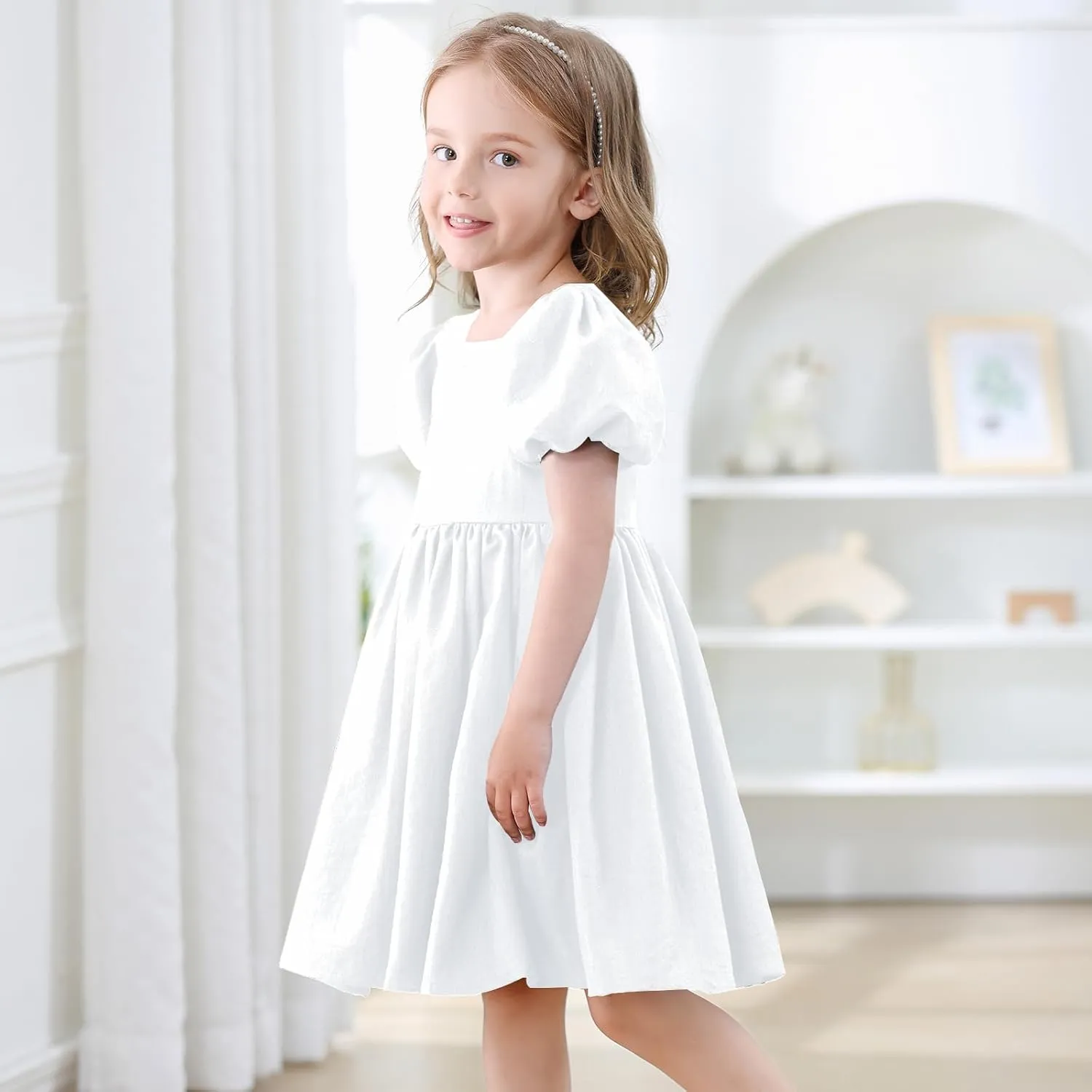 KARETT Toddler Girl Dress Vintage Dress Little Girls Cotton Puff Short Sleeve Kids Swing Casual Elegant Formal Dress