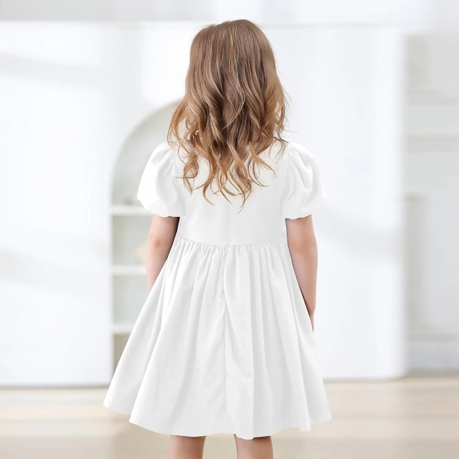 KARETT Toddler Girl Dress Vintage Dress Little Girls Cotton Puff Short Sleeve Kids Swing Casual Elegant Formal Dress