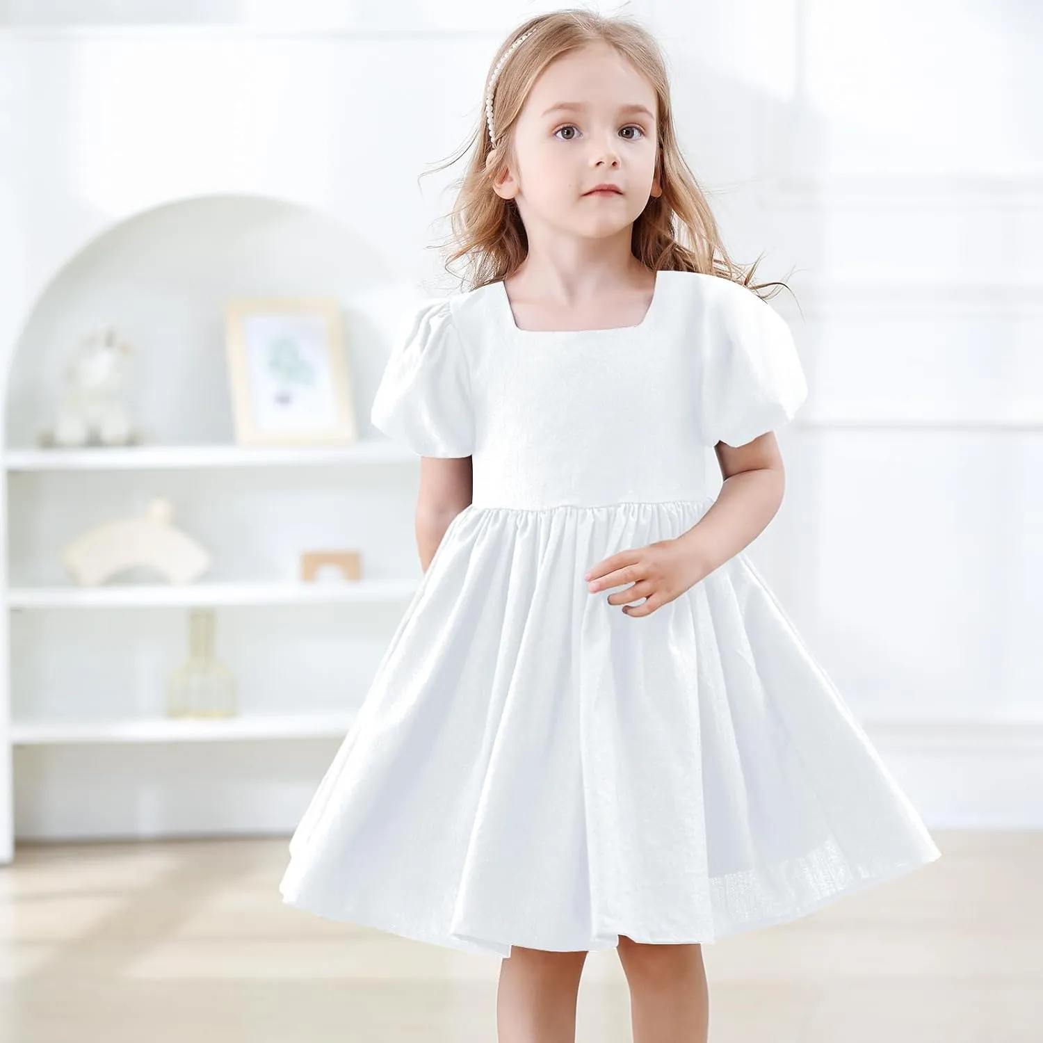 KARETT Toddler Girl Dress Vintage Dress Little Girls Cotton Puff Short Sleeve Kids Swing Casual Elegant Formal Dress