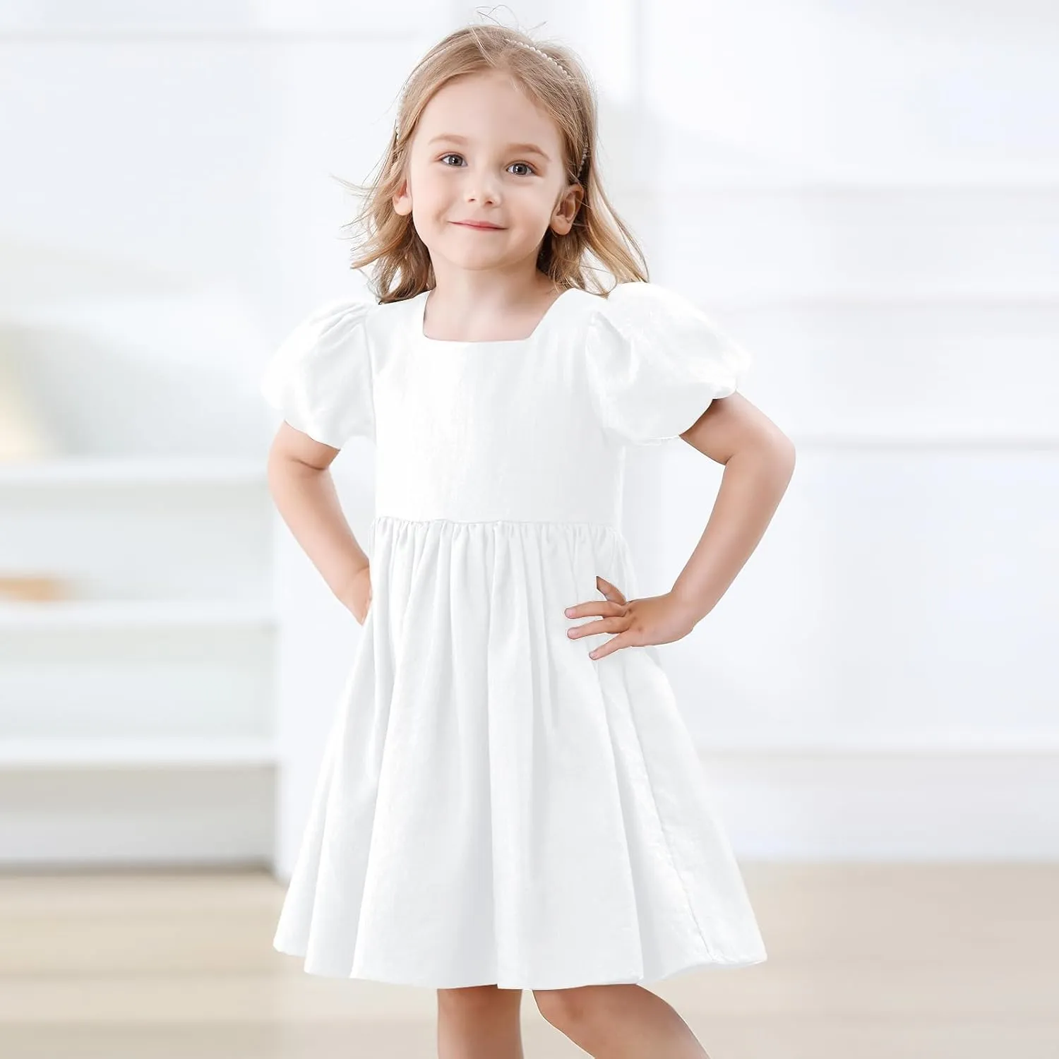 KARETT Toddler Girl Dress Vintage Dress Little Girls Cotton Puff Short Sleeve Kids Swing Casual Elegant Formal Dress