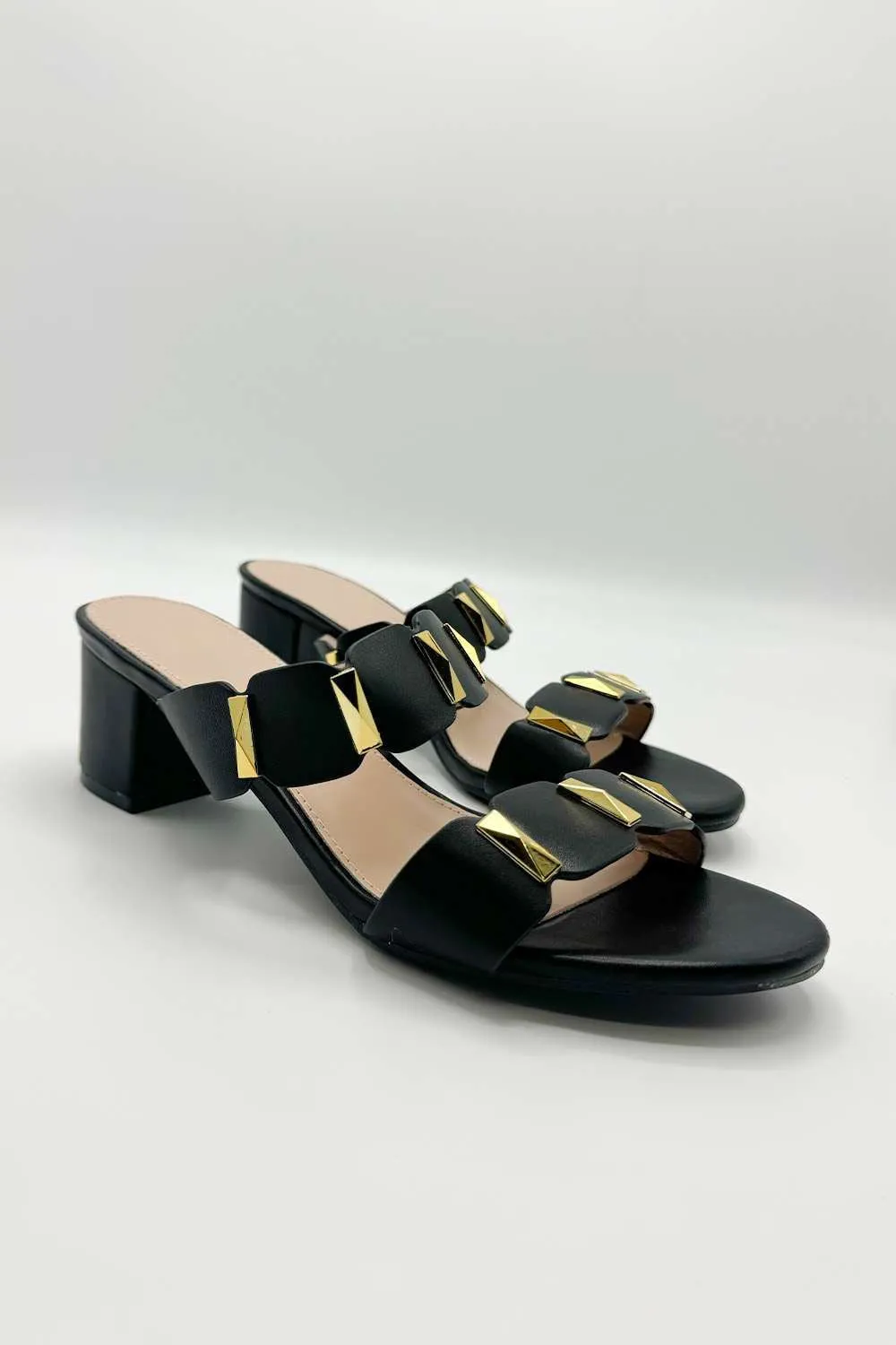 Kolee Stud Detail Block Heel Mules in Black
