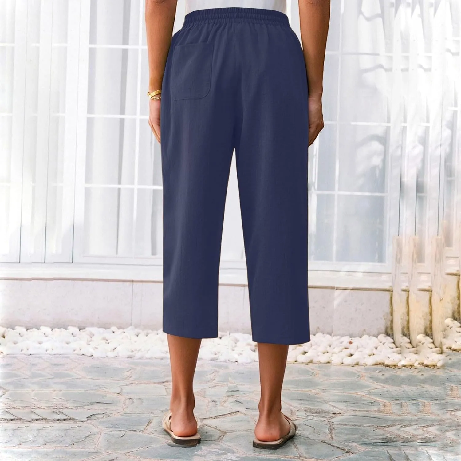 Linen Capri Pants for Women Soft Breathable Wrinkle Free Plus Size Wide Leg Trousers Elastic Drawstring Waist Pants