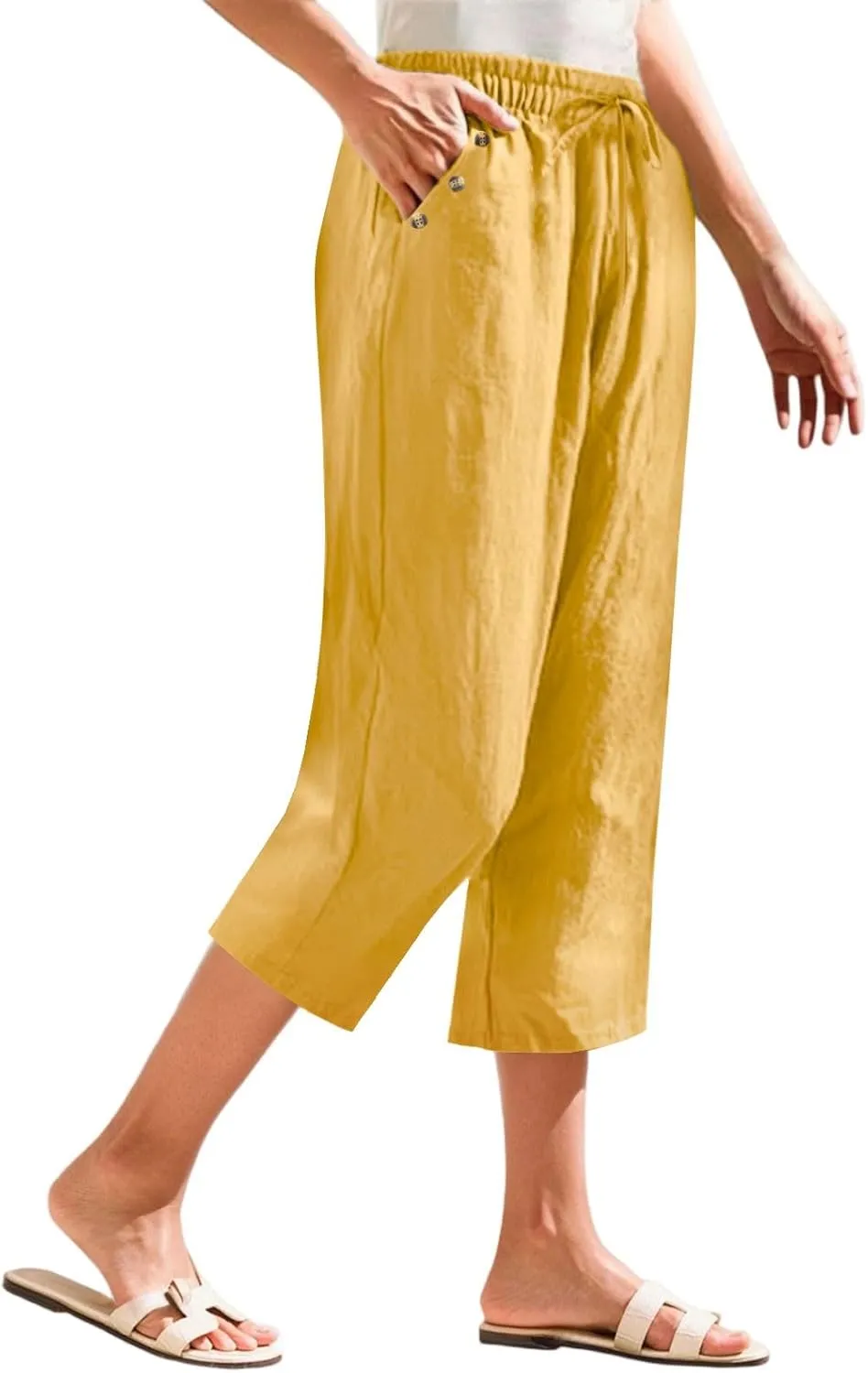 Linen Capri Pants for Women Soft Breathable Wrinkle Free Plus Size Wide Leg Trousers Elastic Drawstring Waist Pants