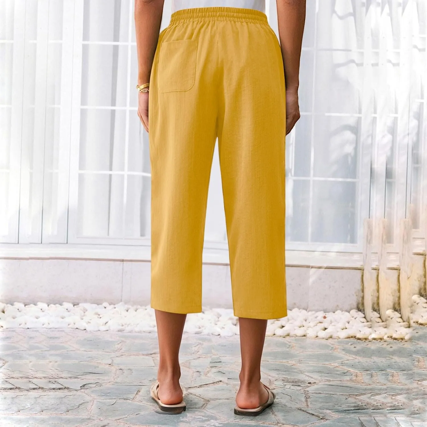 Linen Capri Pants for Women Soft Breathable Wrinkle Free Plus Size Wide Leg Trousers Elastic Drawstring Waist Pants