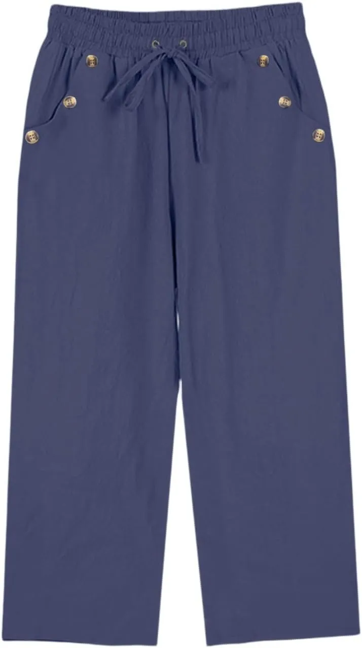 Linen Capri Pants for Women Soft Breathable Wrinkle Free Plus Size Wide Leg Trousers Elastic Drawstring Waist Pants
