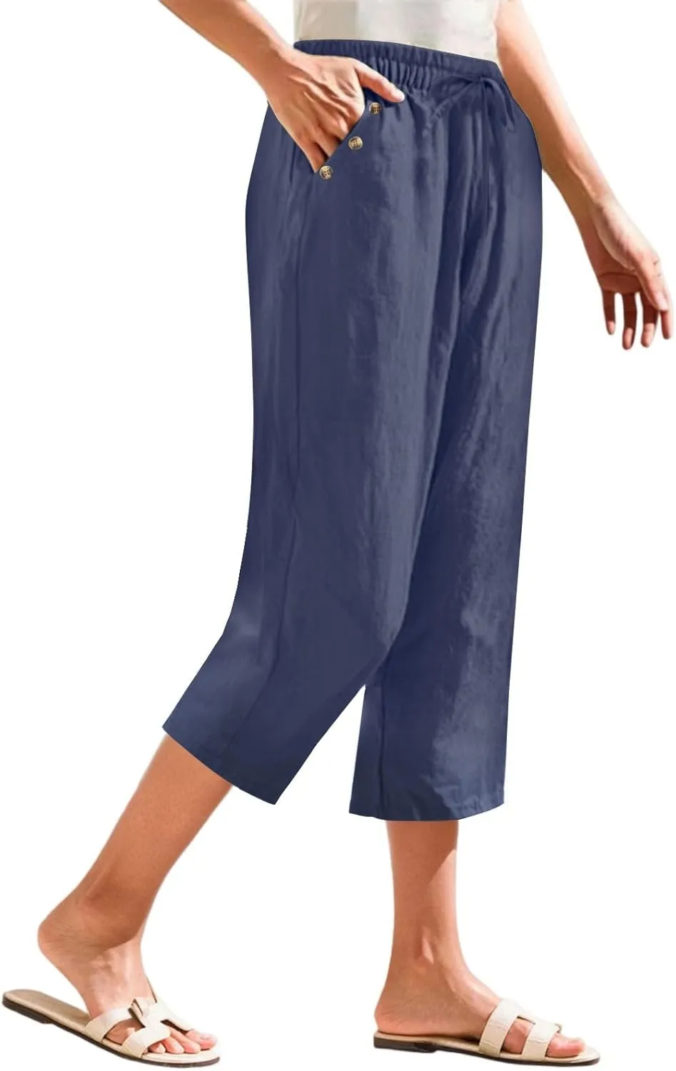 Linen Capri Pants for Women Soft Breathable Wrinkle Free Plus Size Wide Leg Trousers Elastic Drawstring Waist Pants